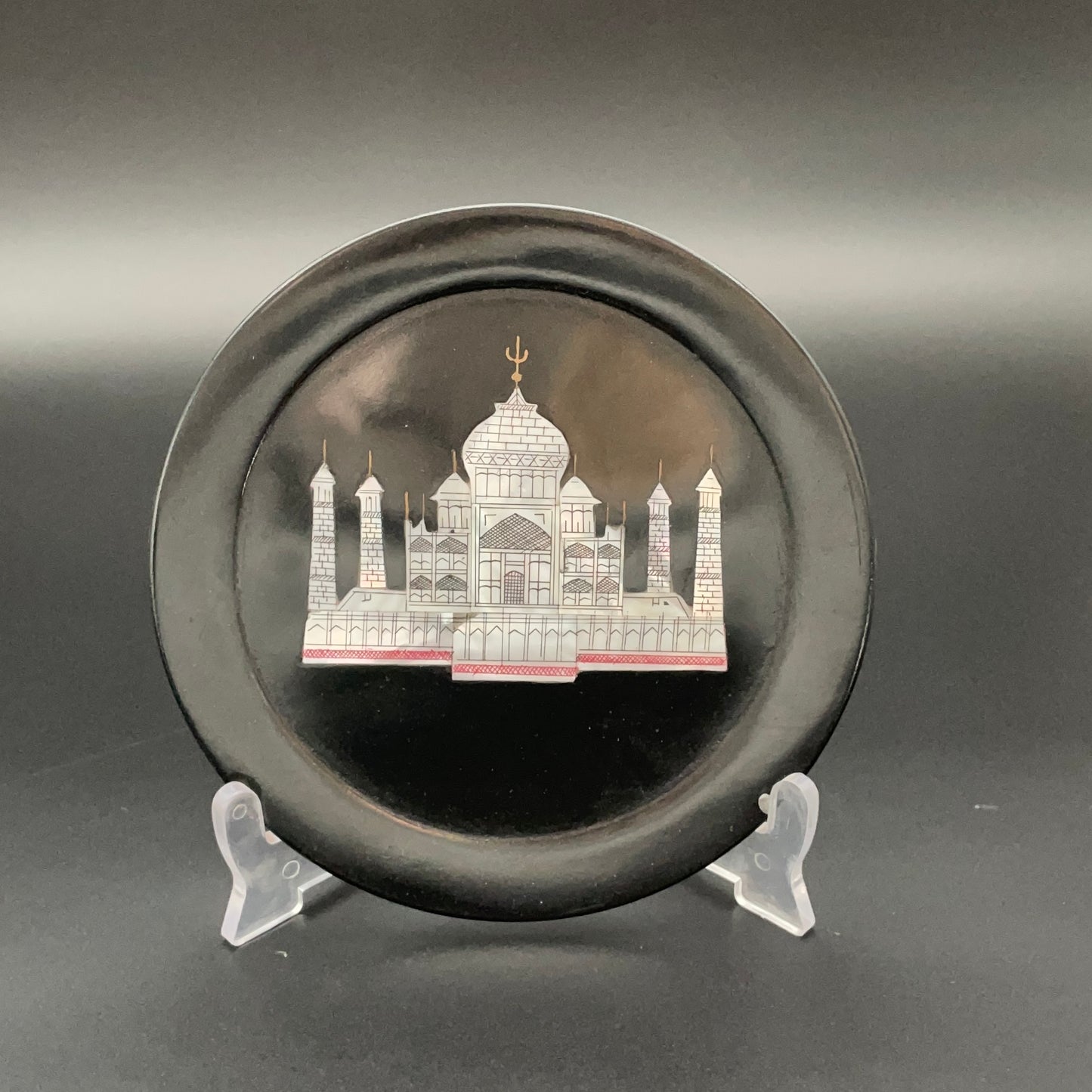 Black Marble Plate with Intricate Inlay Artwork