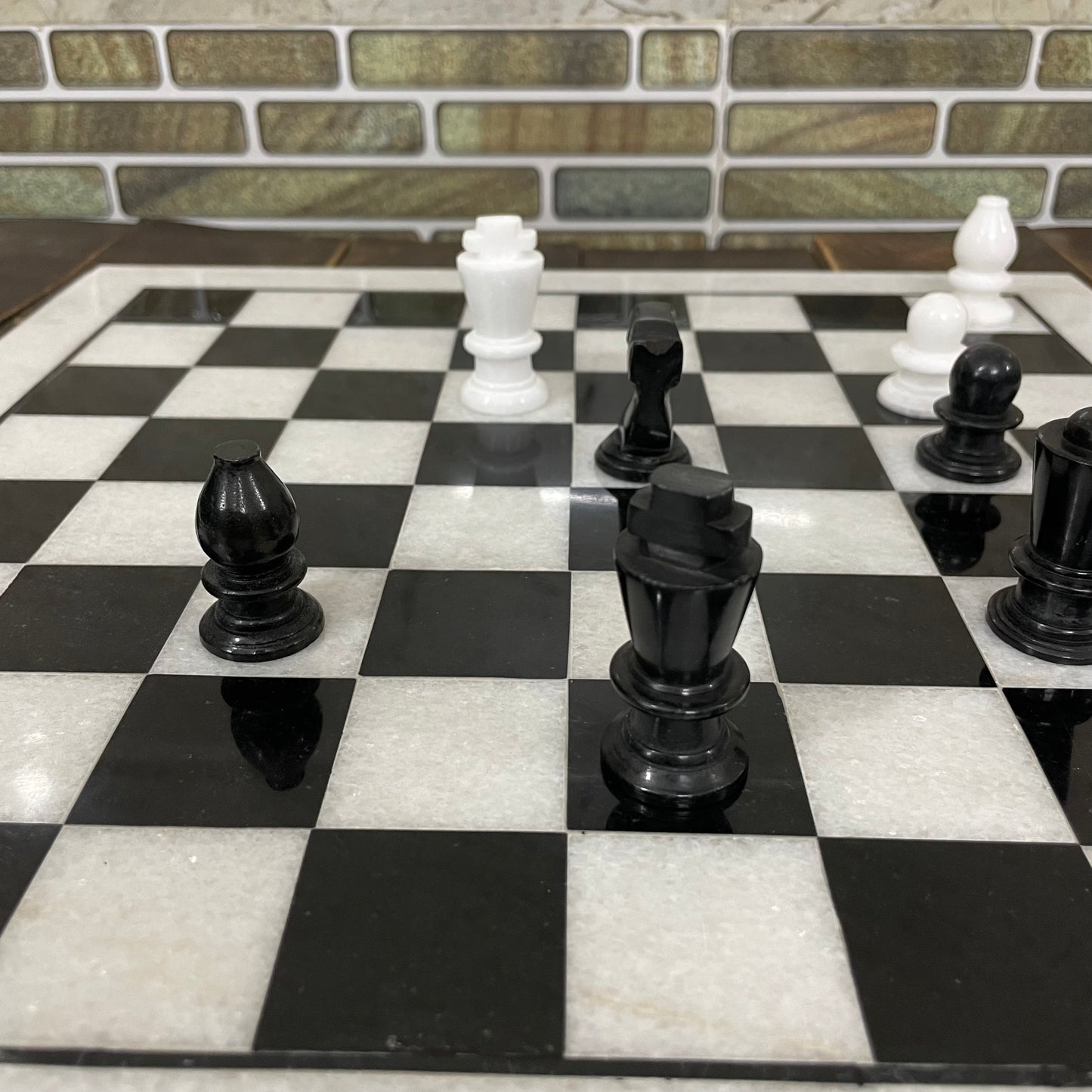 Black and white Marble Chess Board & Pieces 15 inch