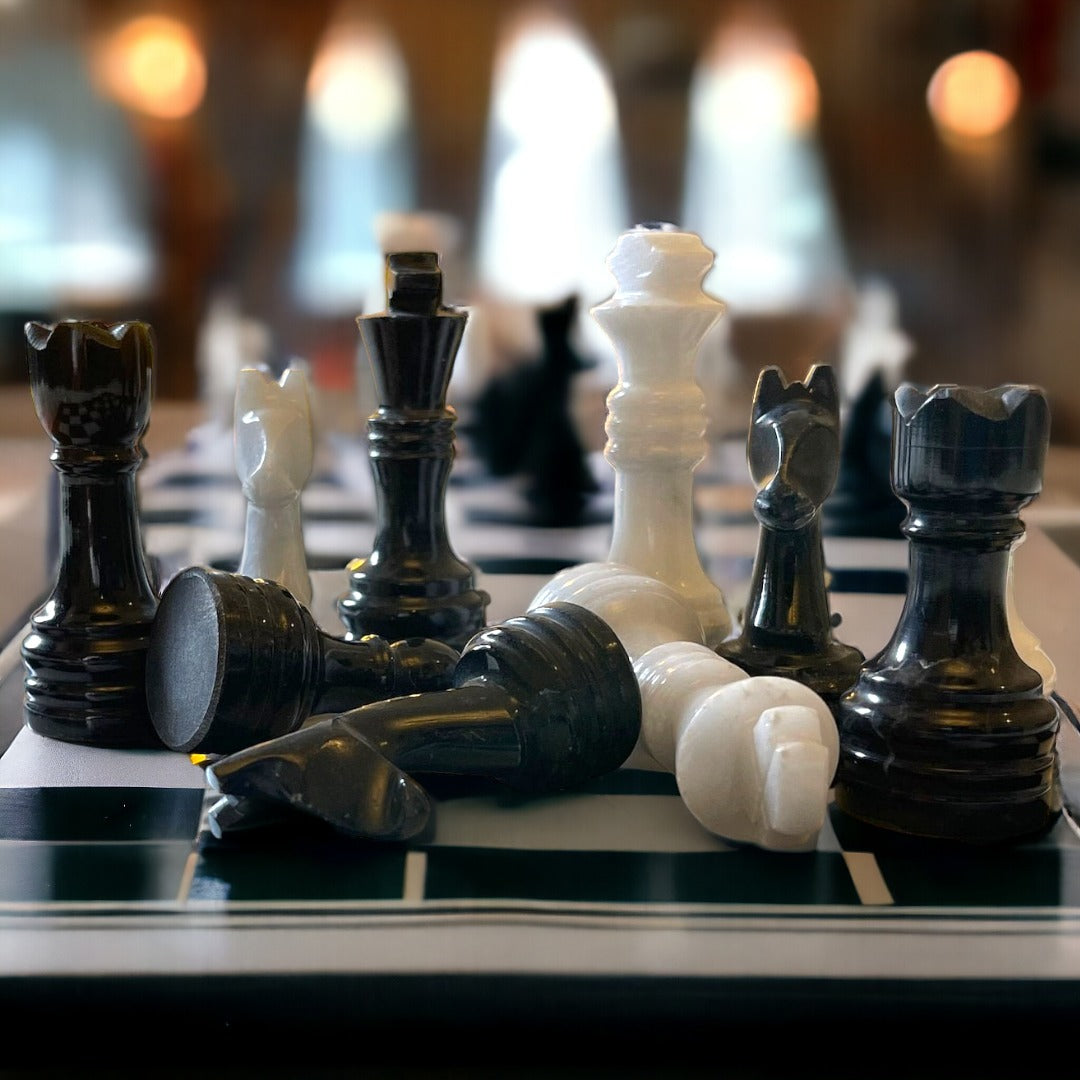 Black and white Marble Chess Board & Pieces 15 inch