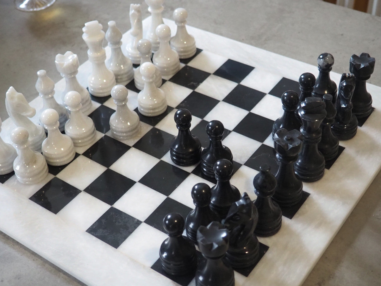 Black and white Marble Chess Board & Pieces 15 inch