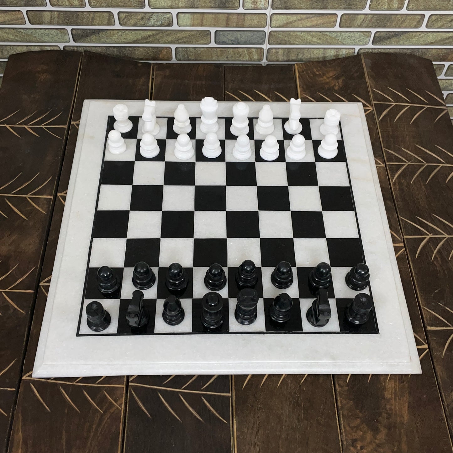 Black and white Marble Chess Board & Pieces 12 Inch