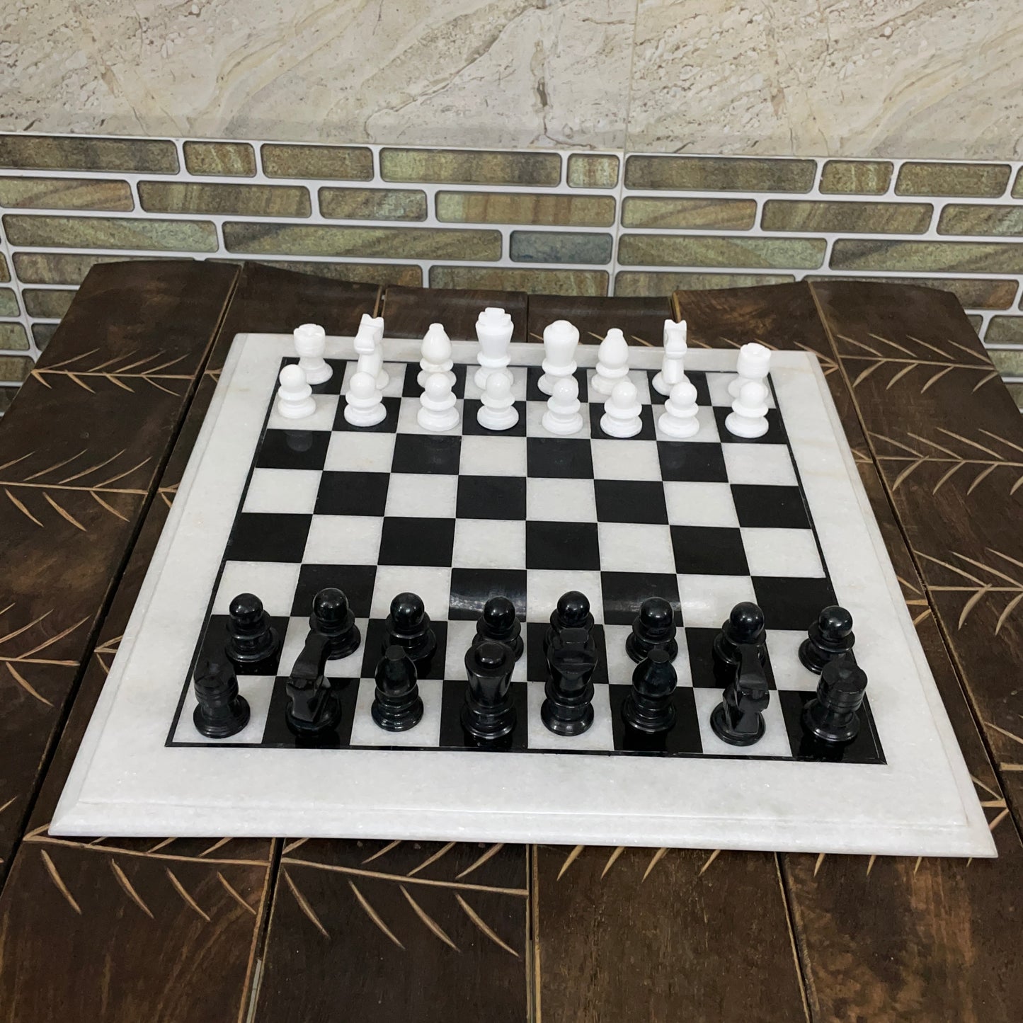 Black and white Marble Chess Board & Pieces 12 Inch