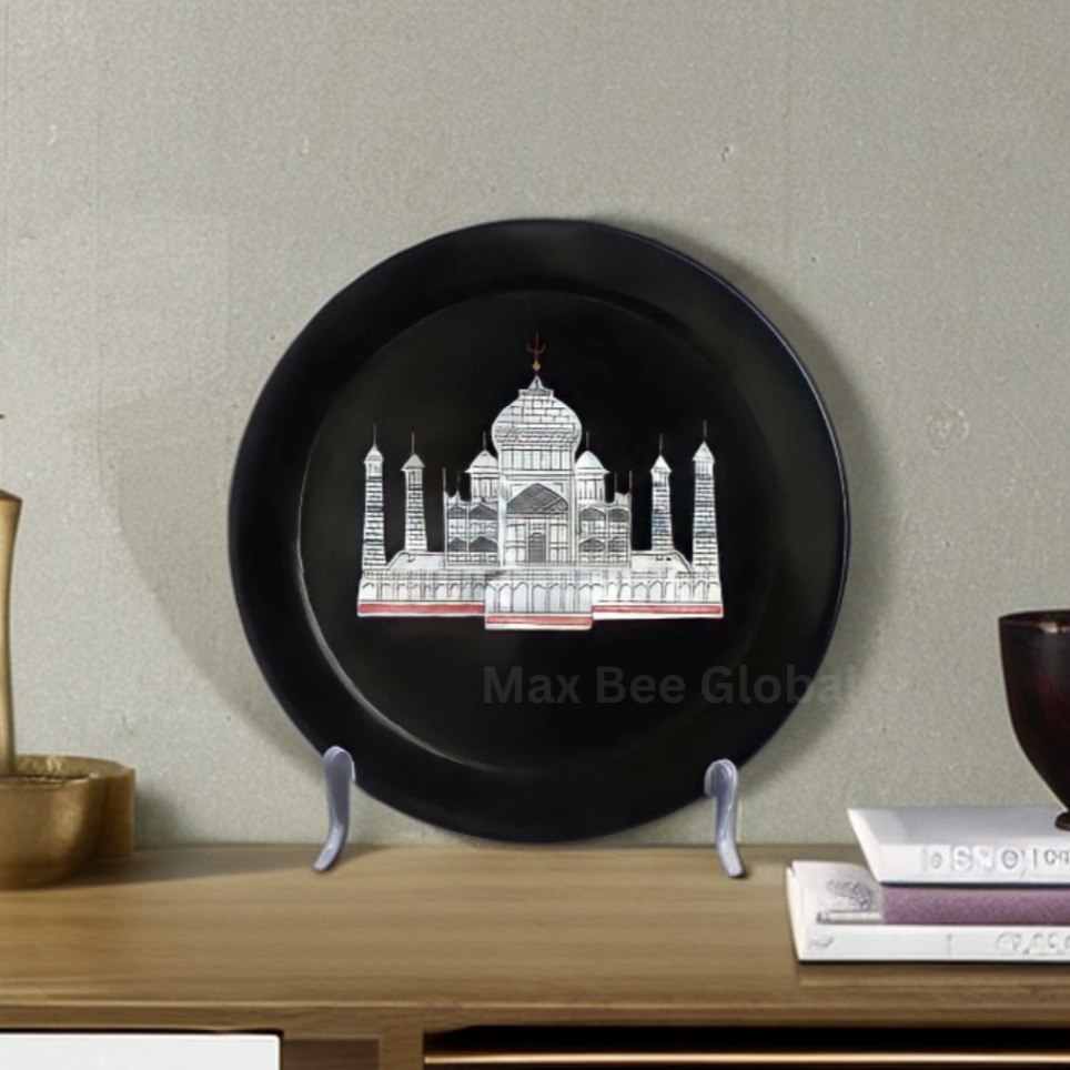 Black Marble Plate with Intricate Inlay Artwork