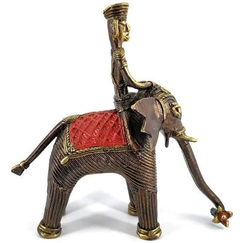 Brass Multicolor Dhokra Art Elephant With A Tribal Man