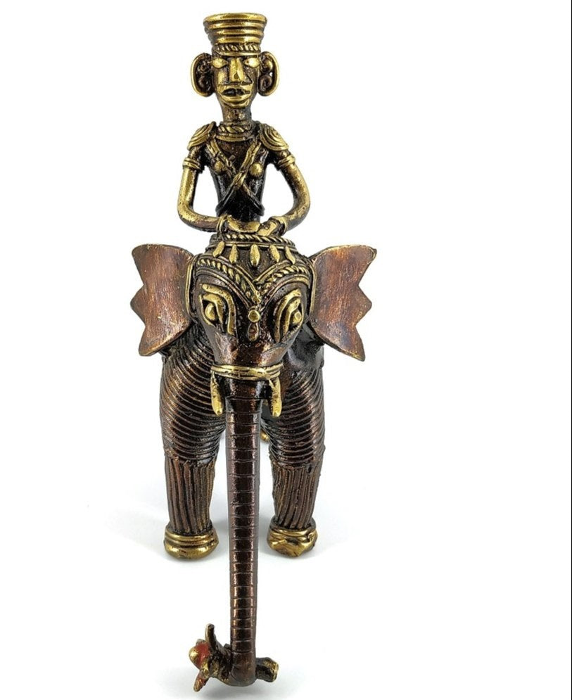 Brass Multicolor Dhokra Art Elephant With A Tribal Man