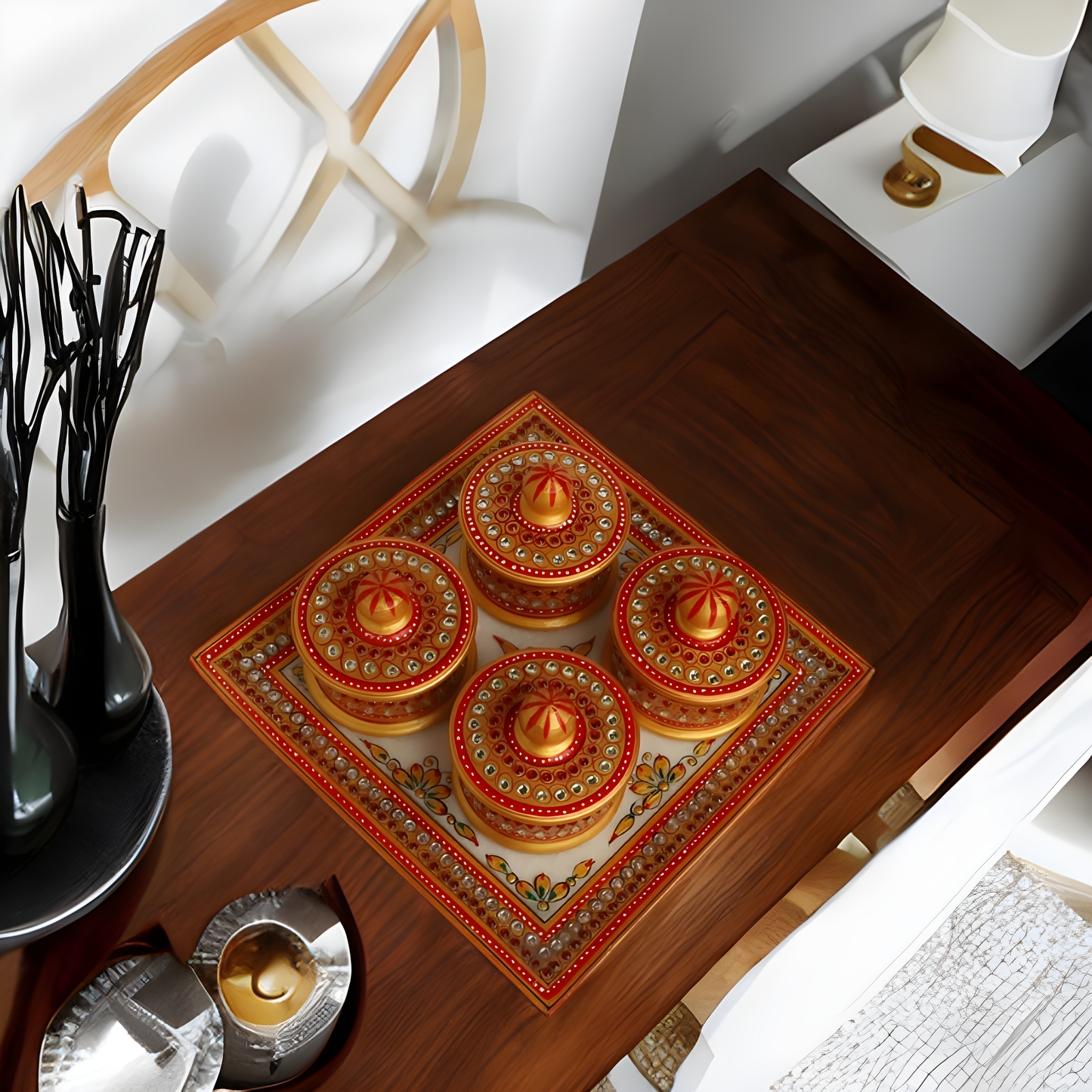 Handmade Meenakari marble serving tray