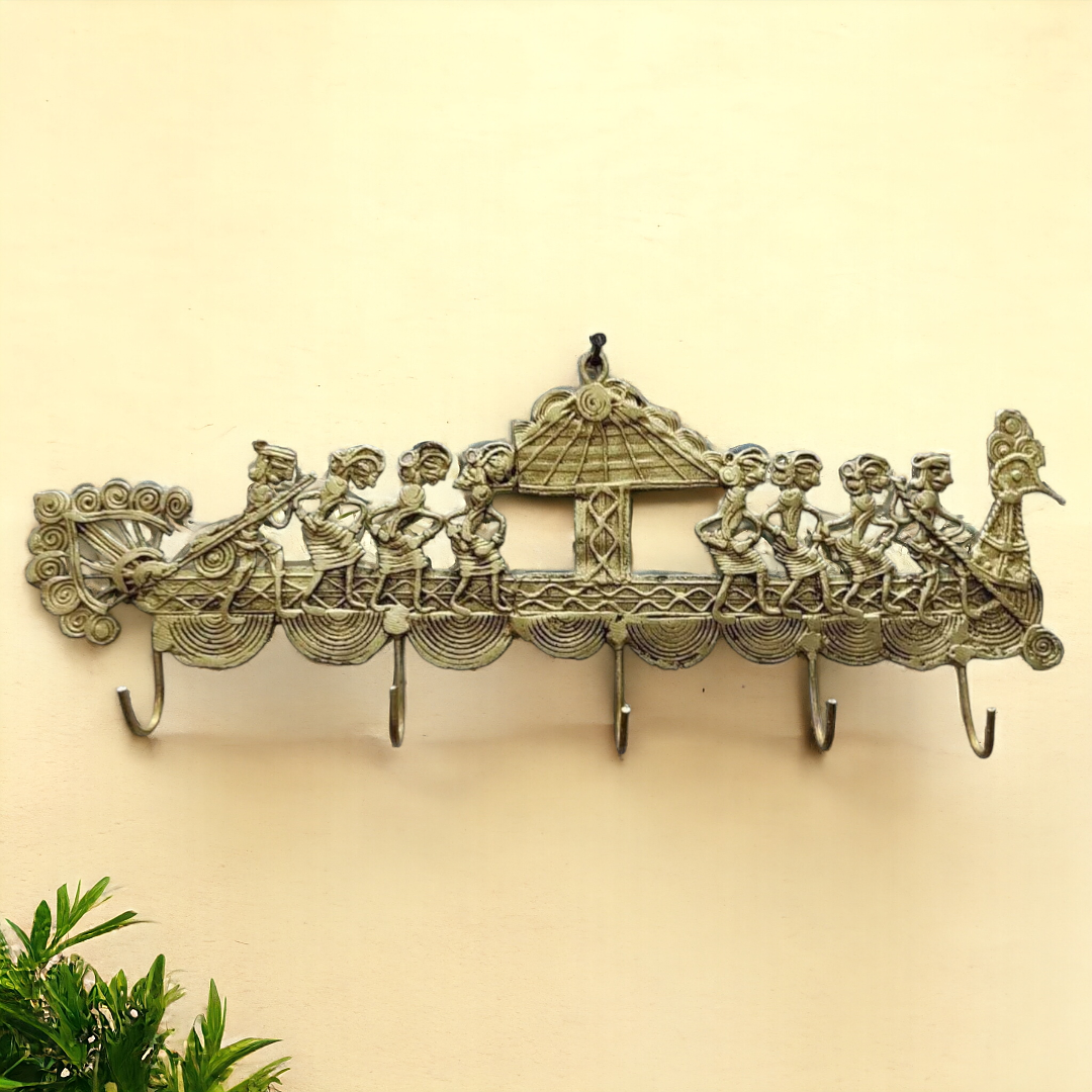 Long Peacock Boat Dhokra Brass Key Holder