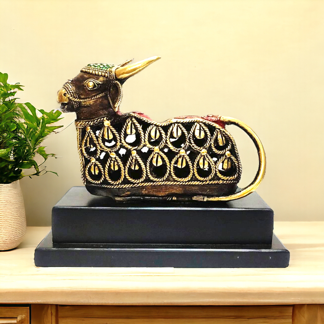 Multicolored Brass Jali Nandi with Base