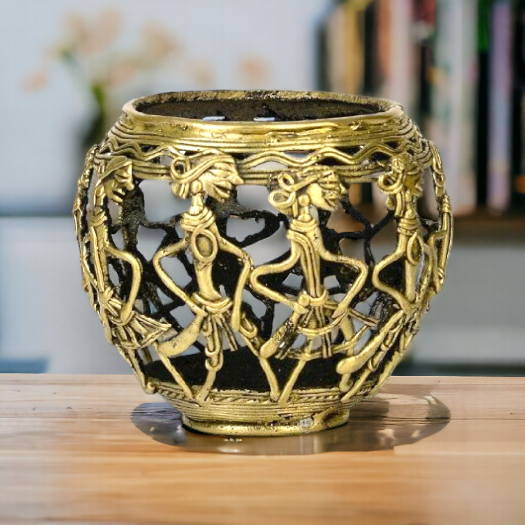 Dhokra Art Ancient Dancers Brass Pen Holder