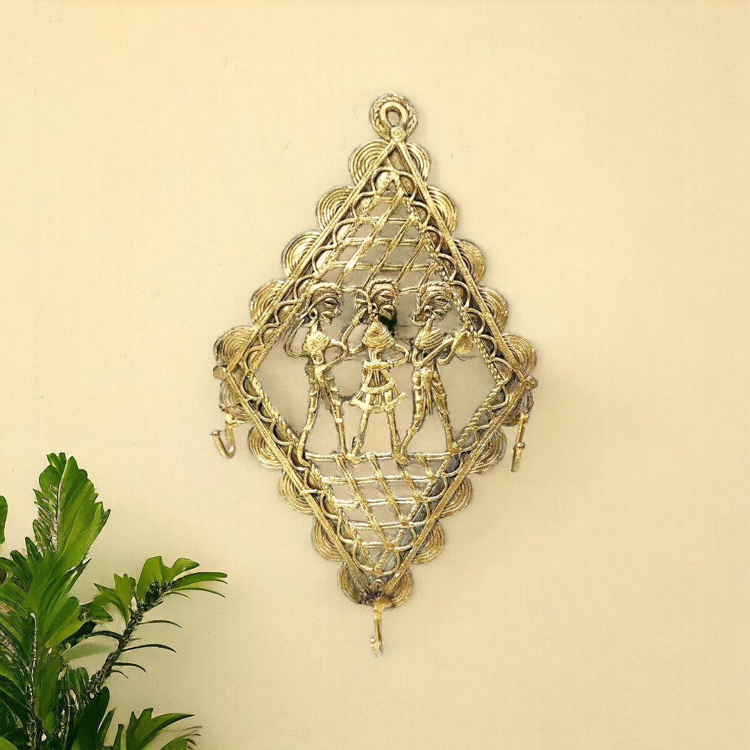 Dhokra Brass Diamond Key Hanger with Three Tribal Figures