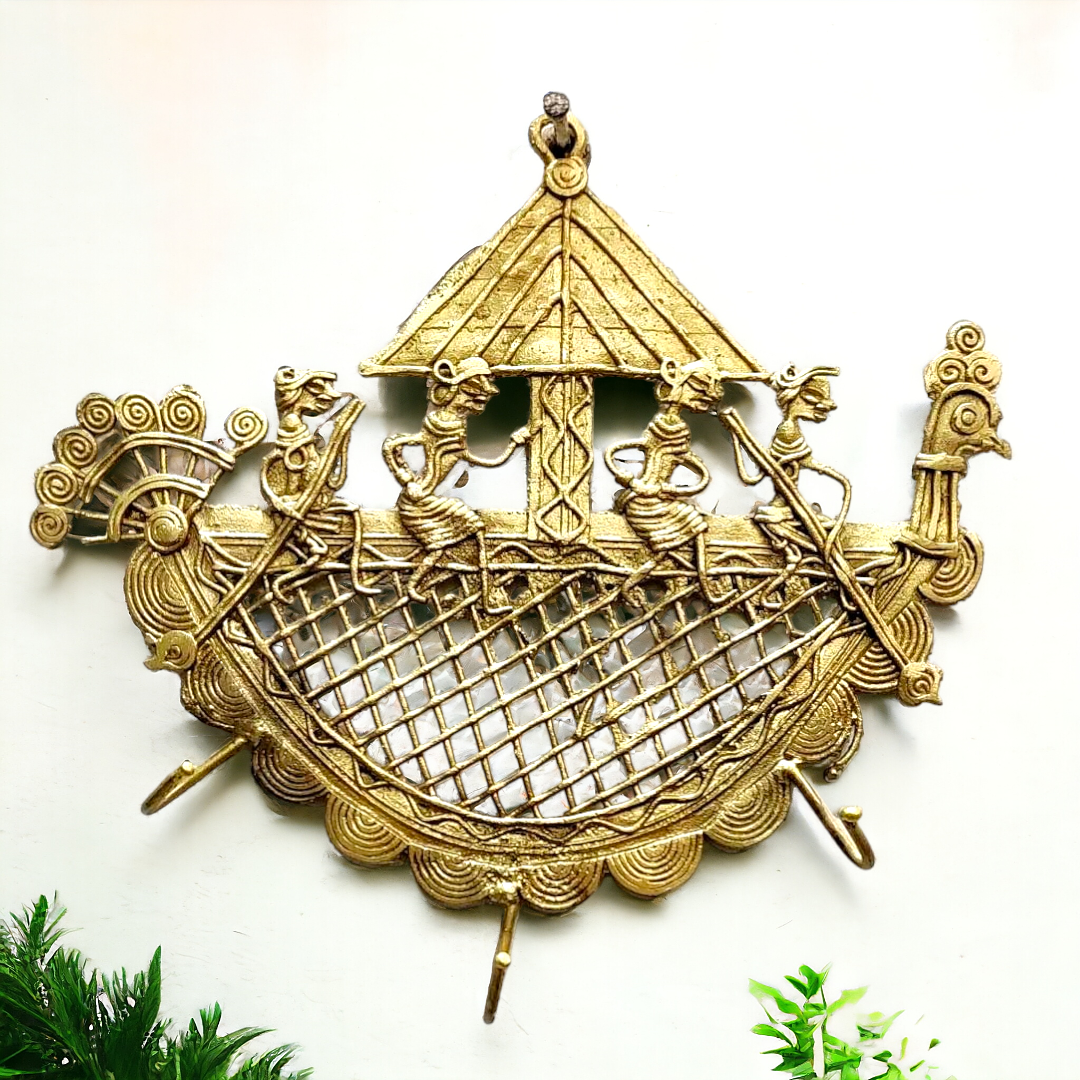 Peacock Boat Brass Dhokra Three Hooks Key Hanger