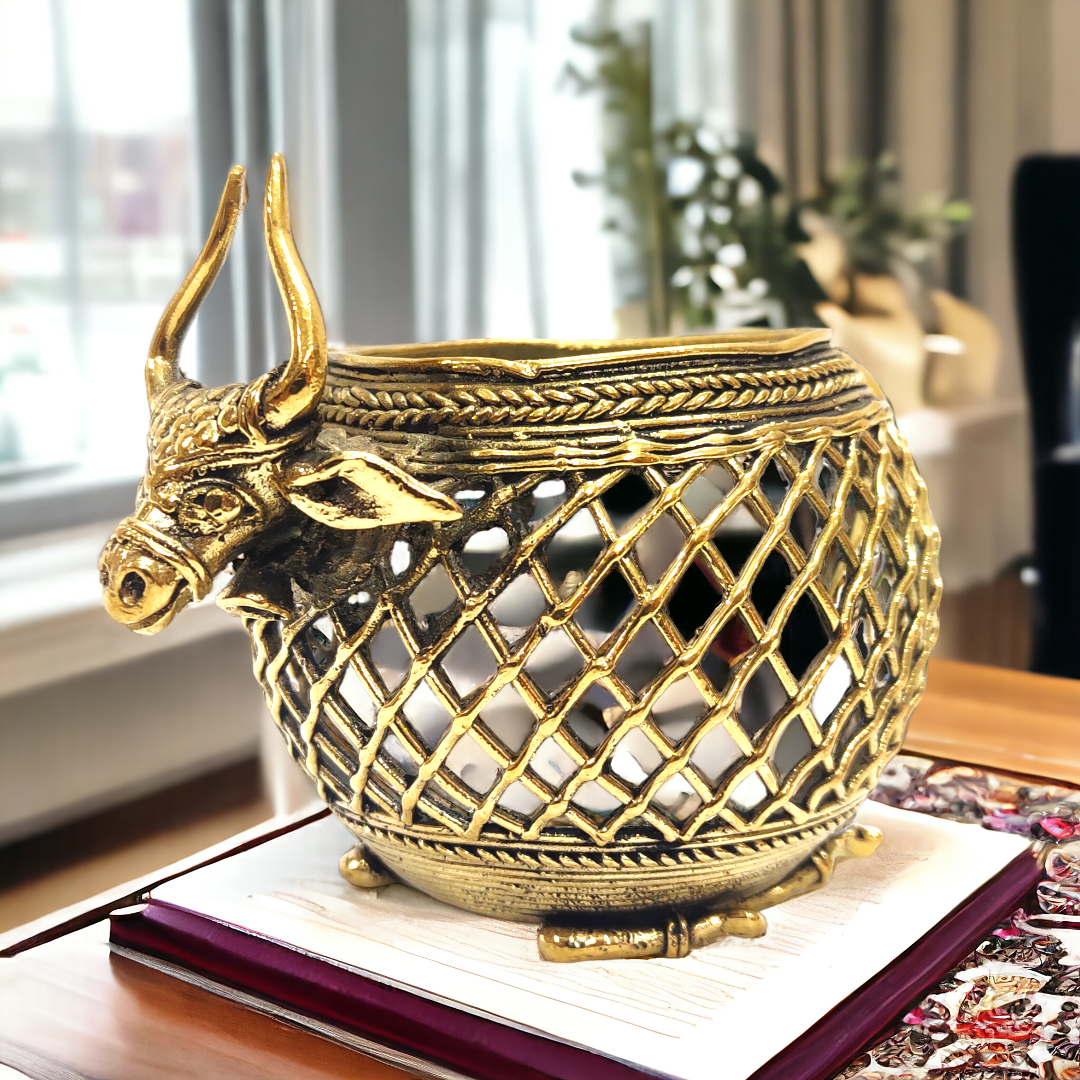 Sitting Bull Dhokra Art Brass Pen/ Tea Light Holder