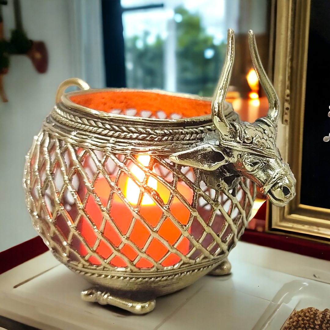 Sitting Bull Dhokra Art Brass Pen/ Tea Light Holder
