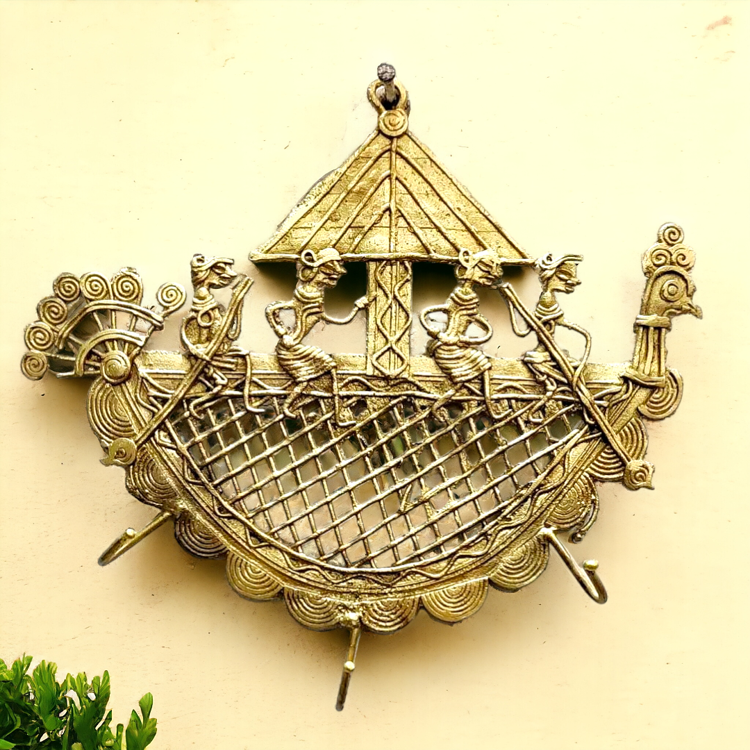 Peacock Boat Brass Dhokra Three Hooks Key Hanger