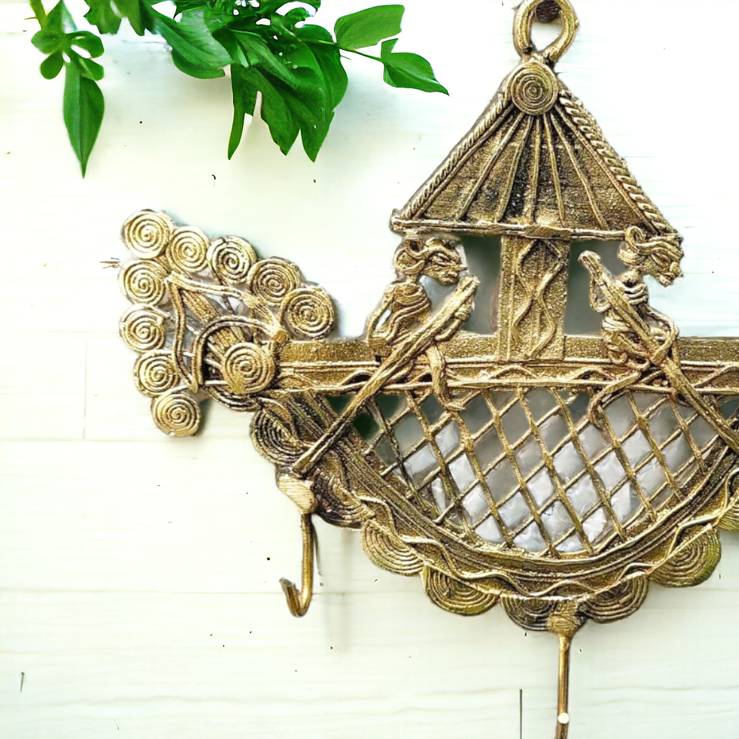 Brass Dhokra Key Hanger with Three Hooks – Peacock Boat Design