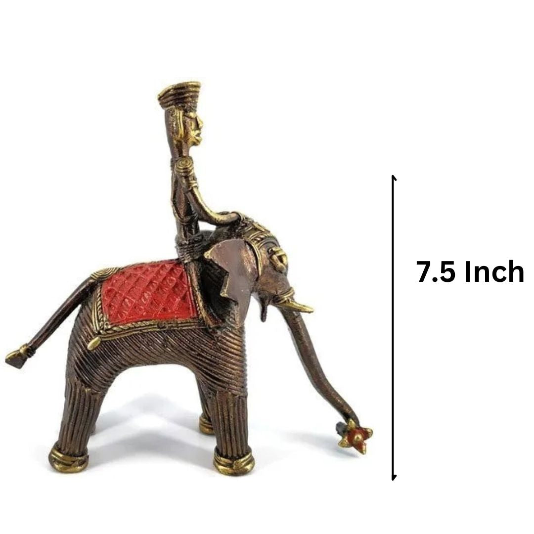 Brass Multicolor Dhokra Art Elephant With A Tribal Man