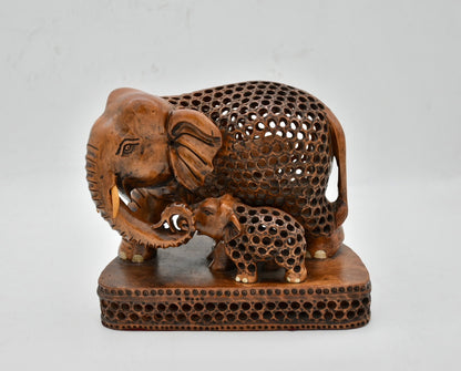 Max Bee handmade wooden elephant with baby statue with undercut art of Jaipur 9 inch