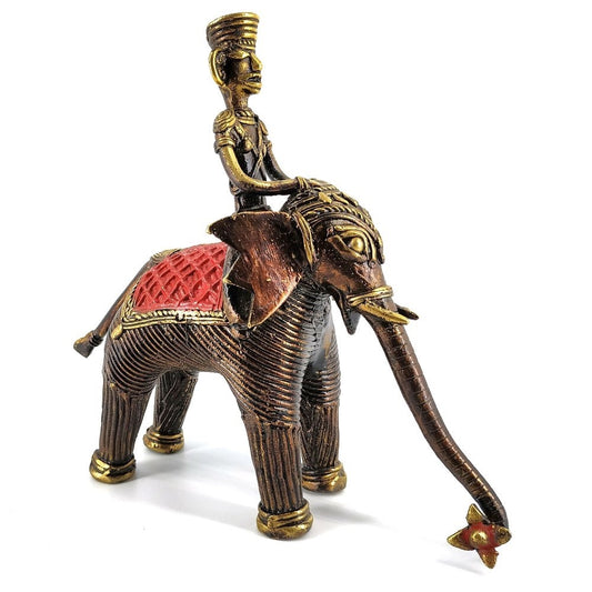 Brass Multicolor Dhokra Art Elephant With A Tribal Man