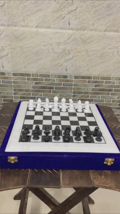 Black and white Marble Chess Board & Pieces 15 inch