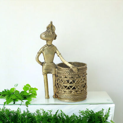 Dhokra art Brass lady pen stand