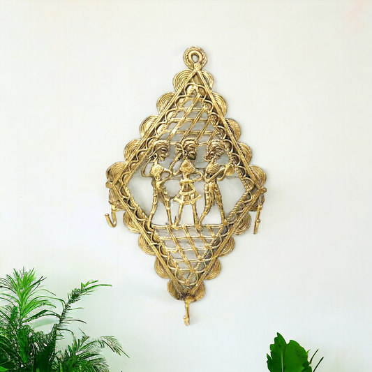 Dhokra Brass Diamond Key Hanger with Three Tribal Figures