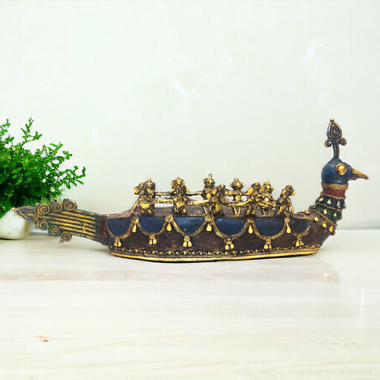 Dhokra Multicolored Brass Peacock Boat with Tribals