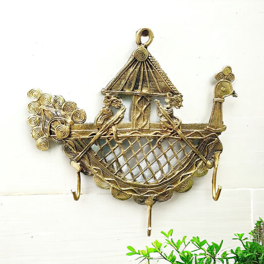 Brass Dhokra Key Hanger with Three Hooks – Peacock Boat Design