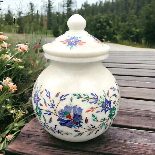 Handmade Inlay Art Crock , White Marble Flower Vase/Pot