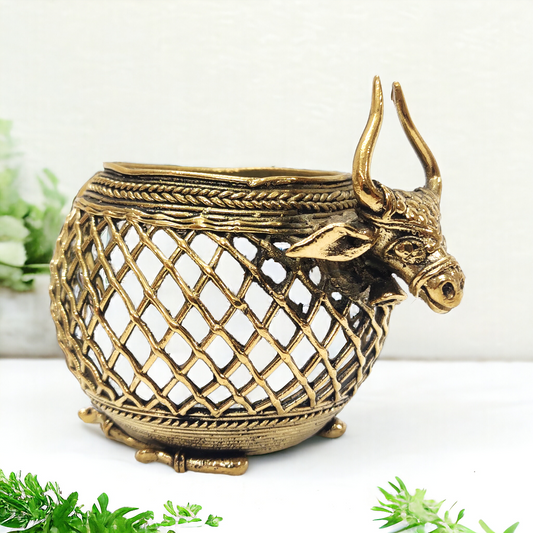 Sitting Bull Dhokra Art Brass Pen/ Tea Light Holder