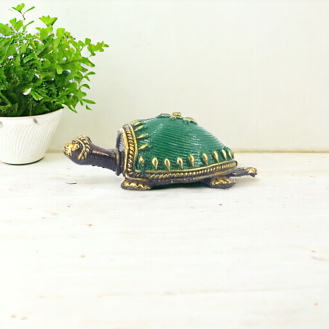 Tribal Handicraft Bell Metal Turtle (Green)