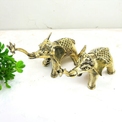 Brass Elephant Duo with Raised Trunk