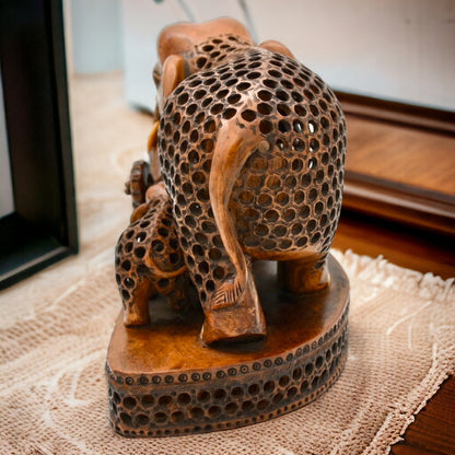 Handmade Wooden Elephant With Baby Statue With Undercut Art Of Jaipur 9 Inch