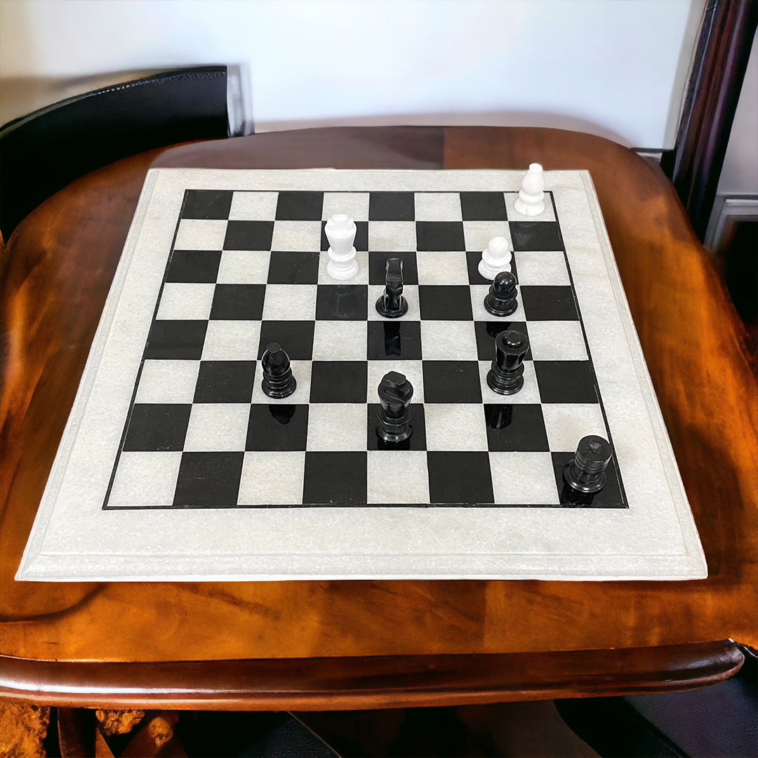 Black and white Marble Chess Board & Pieces 12 Inch