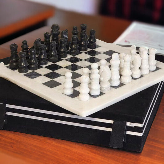 Black and white Marble Chess Board & Pieces 12 Inch