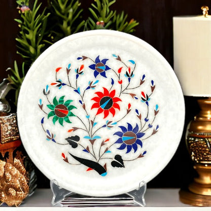 Handcrafted Floral Marble Plate – Elegant Decorative Art Piece